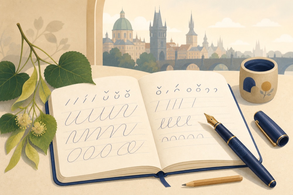 A Czech handwriting notebook beside a window overlooking Prague