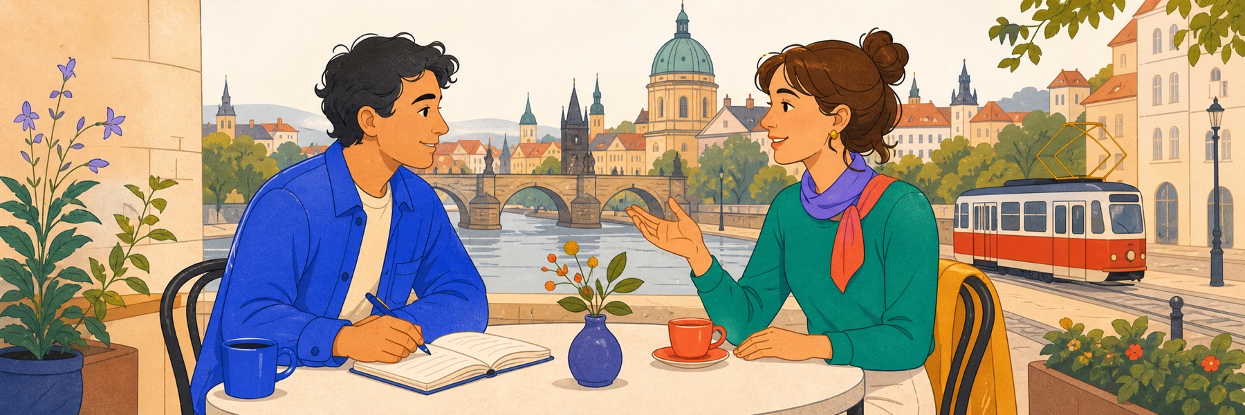 Two Czech learners practising a conversation at a café overlooking Prague